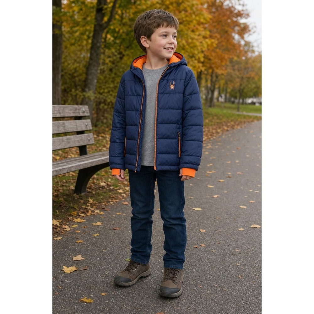 Spyder Hooded Puffer Jacket Boys XS 5/6 Navy Blue Orange Quilted